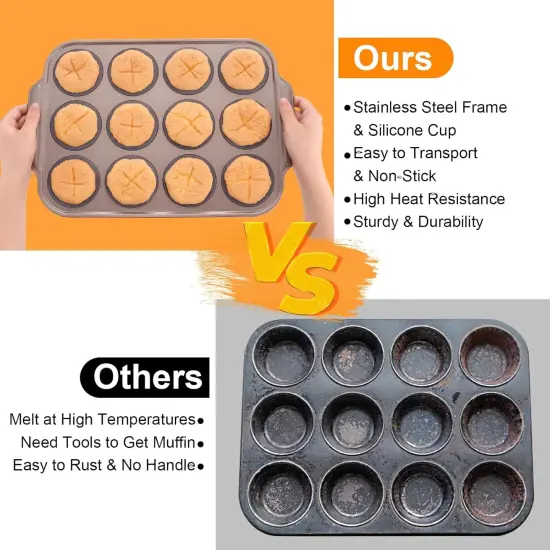 Silicone Muffin Pan with Metal Frame, 12 Cups Silicone Muffin Pan - Nonstick Cupcake Pan 1 Pack Regular Size Silicone Mold for Baking, Muffin Tins Easy to Pop Bakeware for Oven, Golden Gray {3}