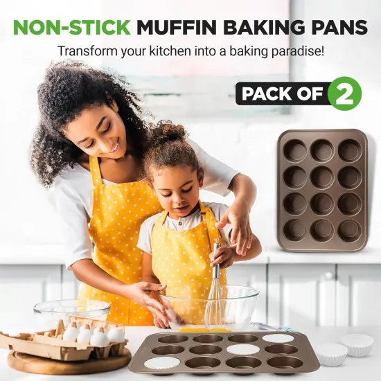 Muffin Pans for Baking, Nonstick 2-Piece Cupcake Tin w/ 12-Cups, Carbon Steel Stackable Cup Cake Tray, Dishwasher Safe - Gold {4}