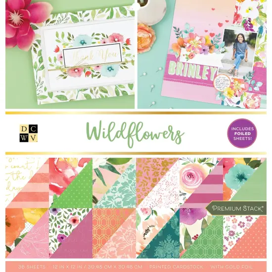 DCWV Double-Sided Cardstock Stack 12"X12" 36/Pkg-Wildflowers, W/Gold Foil {1}