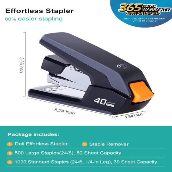 Effortless Desktop Stapler, 40 Sheet Capacity, One Finger Touch Stapling, Easy to Load Ergonomic Heavy Duty Stapler, Includes 1500 Staples and Staple Remover {2}