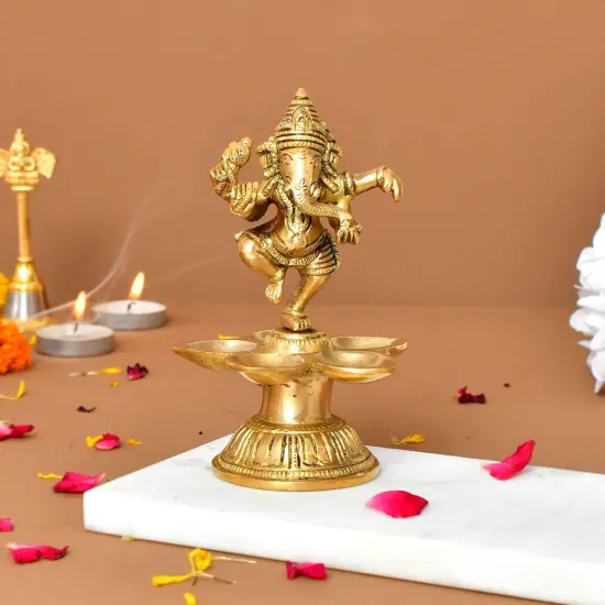 Dancing Ganesha Solid Brass Diya Deepam Vilakku Samai Oil Lamp with Base Home Pooja Room Diwali Decorations Mandir Temple Ganesha Akhand Diya Hindu Puja Religious Deepawali Return Gift {3}
