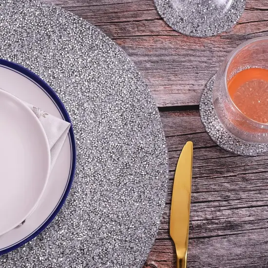 Set of 4 Round Placemats & 4 Pieces Coasters Set - Silver {5}