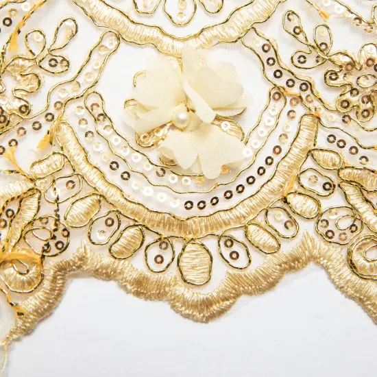 1 Yard Tulle Lace Fabric with 3D Embroidered Applique Design, 52&Prime; Wide Gold {1}