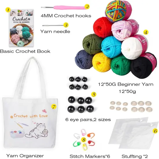12-Pack Beginner Crochet Yarn Kit &ndash; Chunky Cotton & Accessories {2}