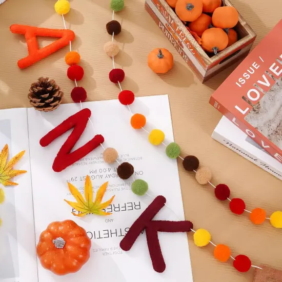 3Pcs Fall Felt Banner 3D Thankful Banner Felt Pom Pom Balls {4}