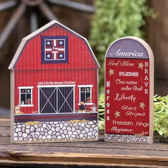 Patriotic Silo Block Decor with Words Red and Grey Tabletop Home Accent {2}