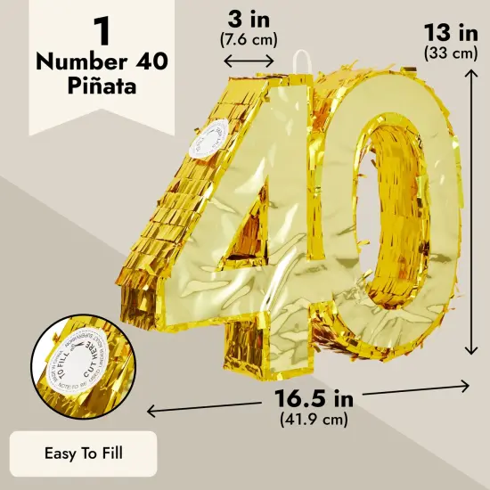 Gold Foil Number 40 Pinata for 40th Birthday Party Decorations, Centerpieces, Anniversary Celebrations (Small, 16.5 x 3 x 13 In) {3}