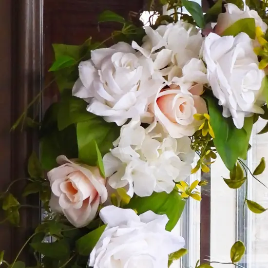 Haute Decor Pink and White Rose and Hydrangea Floral and Greenery Wreath with Natural Grapevine Base for Spring, Summer Door Decor - 24 inch Diameter {3}