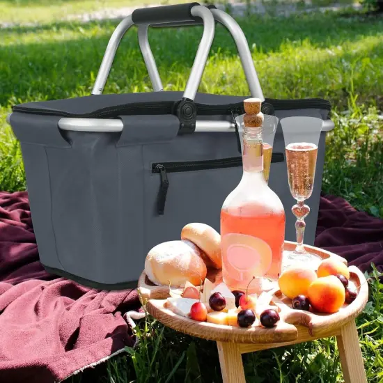 Collapsible Picnic Basket Insulated with Lid 27L Large Capacity Reusable Portable Folding Market Shoping Bag with Handles for Grocery {4}
