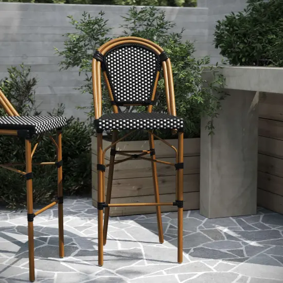 Merrick Lane Sacha Set of Two Stacking Bistro Bar Stools with PE Seats and Backs and Metal Frames for Indoor/Outdoor Use Black&White/Natural {6}