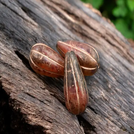 *6* 22x11mm Copper Washed Crimson Amber Picasso Melon Drop Beads {4}