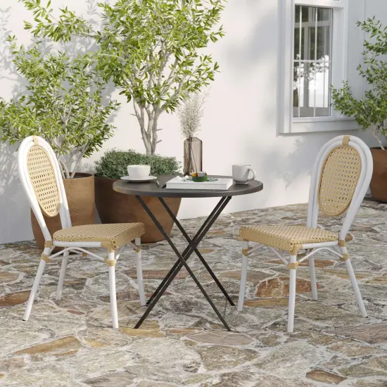 Merrick Lane Toulon Set of Two Stacking Thonet Bistro Style Chair, PE Cane Rattan Seat, and Metal Frame for Indoor/Outdoor Use Natural/White Frame {3}