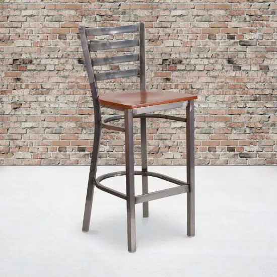 Emma and Oliver 2 Pack Clear Coated Ladder Back Metal Restaurant Barstool BurgundVyl/ClearCoat {7}