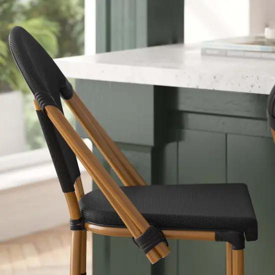 Merrick Lane Mael Set of Two Stacking Bistro Style Counter Stools with Textilene Backs and Seats and Metal Frames for Indoor/Outdoor Use Black/Natural Frame {3}