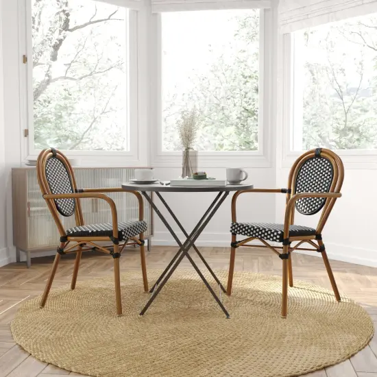 Merrick Lane Celia Set of Two Stacking Thonet Bistro Style Chair with Arms, PE Rattan Seat, and Metal Frame for Indoor/Outdoor Use White&Gray/Natural {7}