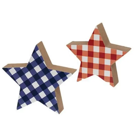Patriotic Plaid Wooden Stars Set of 2 Americana Shelf Decor in Red, White & Blue {1}