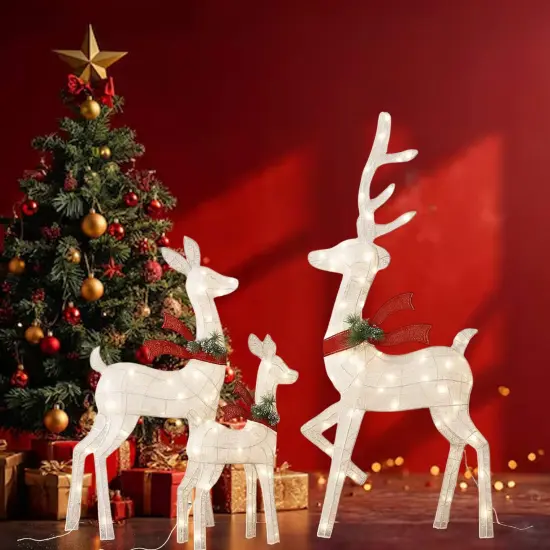 Dazzling White Cotton Thread Lighted Deer Family Set for Holiday Decor 60"+48"+32" {2}