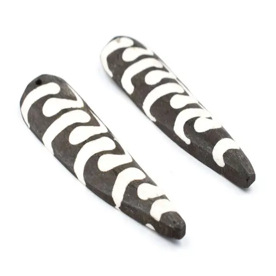 The Bead Chest Batik Bone Swirl Feather Pendant 110mmSet of 2 Kenya African Black and White Large Hole Handmade {3}