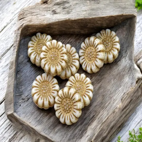 *12* 13mm Dark Bronze Washed Opaque Ivory Sunflower Coin Beads {1}