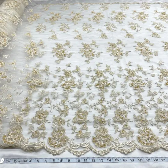 1 Yard Champagne with Gold Beaded Lace Fabric Embroidered Pearl Sequin Mesh Bridal Gown 54" Width {2}
