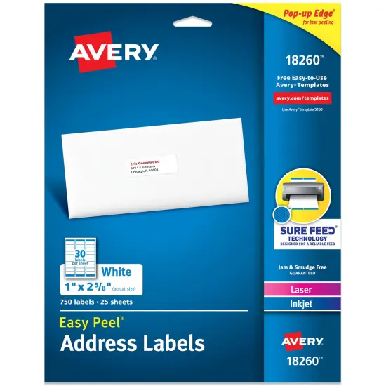 Avery Easy Peel Printable Address Labels with Sure Feed, 1" x 2-5/8" Customizable Stickers, White, 750 Blank Mailing Labels, Great for Mailing, Shipping, and More (18260) {1}