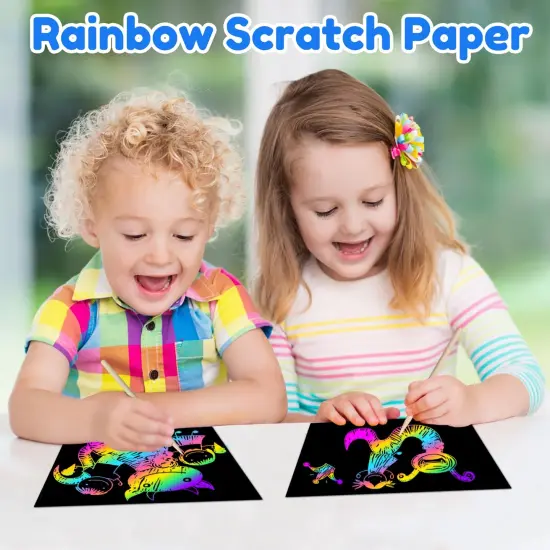 Scratch Art Crafts Boys Gifts, 50 Rainbow Scratch Paper Art Gifts for 3 4 5 6 7 8 9 10 Years Old Girls and Boys Kids, Arts and Crafts for Kids 4-6 Birthday Toys and Games Activities Gift (Blue) {4}