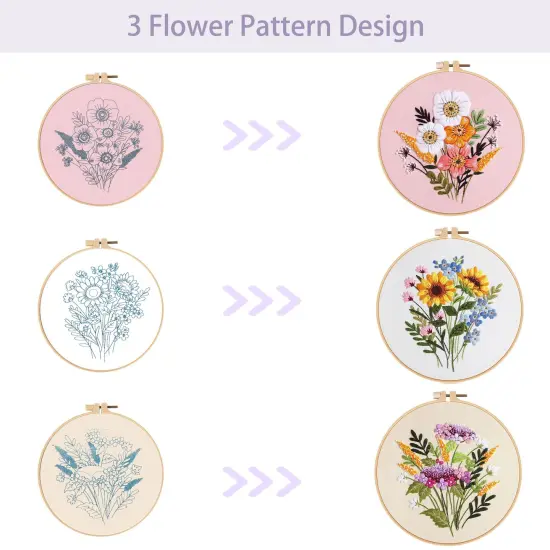 3 PCS Embroidery Kit for Beginners - Cross Stitch DIY Craft Set, Flower Embroidery Accessories & Hoop Included, Hand Embroidery Kit for Adults Stitching Sewing Kit Gift | FlowerB Patterns {6}
