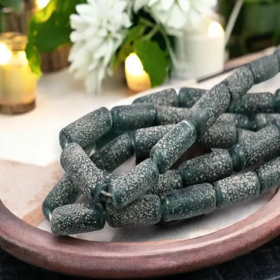 10x25mm Matte Teal Pompeii Tube Beads (18" Strand) - Indonesian Glass Beads {2}