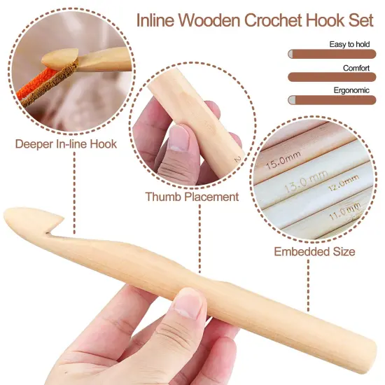 Large Wooden Crochet Hooks Ergonomic Crochet Hook Set 10-25 mm, 7PCS Inline Crochet Hooks Bamboo Crochet Kit for Beginner, Giant Wood Crochet Needles for Crocheting Chunky Yarn, Rugs, Blankets {6}