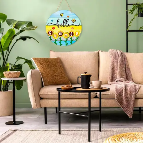 Hello Summer Door Decorations 11.5" Round Sunflowers Welcome Sign for Front Door Decor Farmhouse Hello Summer Hanger Sign for Porch Wreaths Home Office Wall Decorations {4}