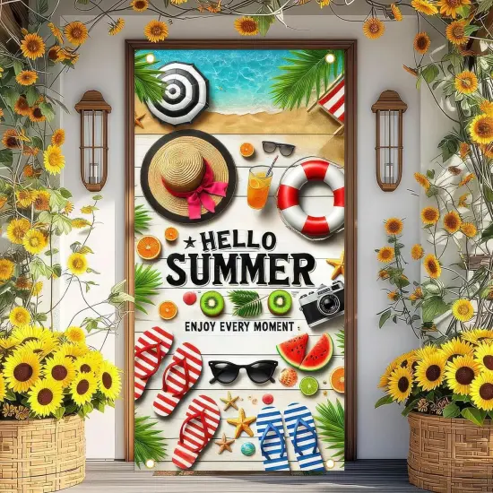 Hello Summer Door Cover Banner 71x35 Inch Summer Hawaiian Party Decorations for Front Porch Photo Background Decor Door Decorations {4}