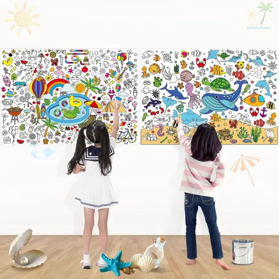 2 PCS Giant Summer Activity Coloring Poster, Under The Sea Large Coloring Tablecloth Ocean Animals Giant Color-in Paper Table Cover for Kids School Classroom Wall Birthday Crafts Supplies {1}