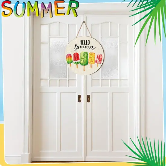 Hello Summer Door Decor Ice Cream Wreath Front Door Hanger Ice Lolly Farmhouse Summer Wooden Hanging Welcome Beach Wall Wreath Sign for Home Seasonal Holiday Porch Office Garden Office {4}
