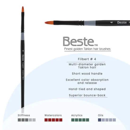 Creative Mark Beste Golden Taklon Filbert #4 - 3 Pack Artist Paint Brush, Professional Watercolor Brushes, For Acrylic Painting, Short Handle, Sharp Edges, Hand-Tied & Shaped {3}