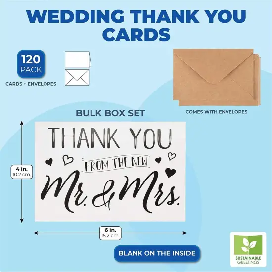 120 Pack Wedding Thank You from the New Mr and Mrs Cards Bulk with Kraft Brown Envelopes for Weddings, Showers, 4x6 in {4}