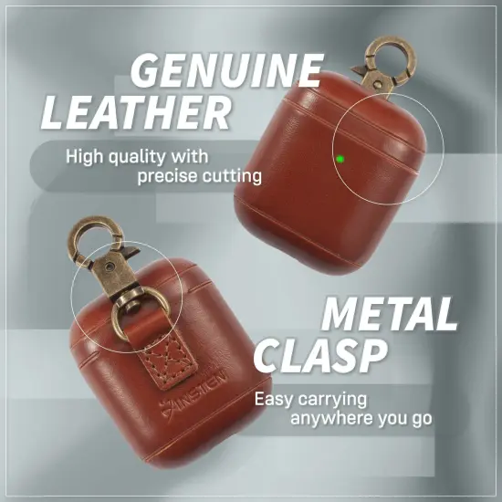 Insten Genuine Leather Case Compatible with Airpods 2 & 1 Carrying Case with Anti Loss Keychain Hook, Front LED Light Visible, Full Body Protective Skin Cover For Women Men Girls Boys, Brown {2}