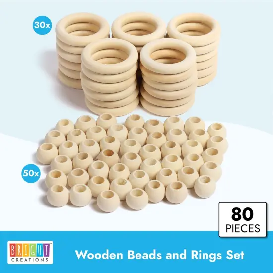 Bright Creations Set of 50 Wooden Beads and 30 Rings for Macrame, DIY Pendant Connectors, Wall Hanging Craft (2.2 in/20mm) Brown {2}