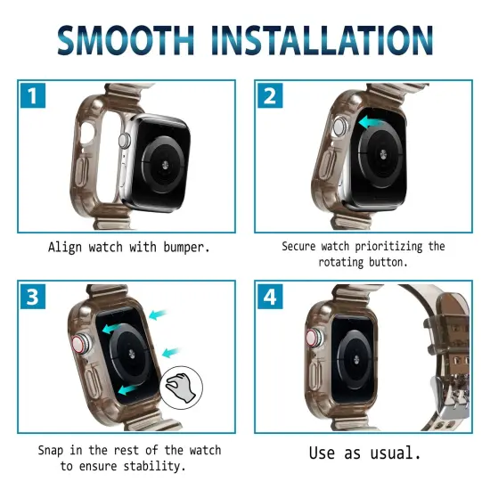 Insten Crystal Clear Watch Band with Rugged Bumper Case For Apple Watch 44mm 42mm Series SE 6 5 4 3 2 1, Replacement Soft TPU Transparent Strap, Clear Black {7}