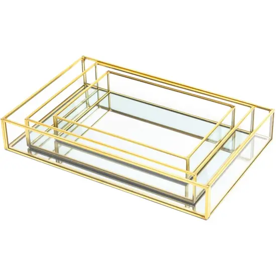 Set of 3 Gold Mirror Vanity Tray for Perfume, Makeup Display, Decorative Rectangle Glass Jewelry Organizer for Bathroom, Dresser (3 Sizes) {7}