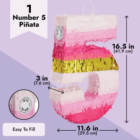 BLUE PANDA Number 5 Pinata, Pink and Gold Foil for Kids Ages 3-14 Birthday Party Decoration, Fiesta, Anniversary Celebration, Small (16.5 x 11.6 x 3 In) {4}