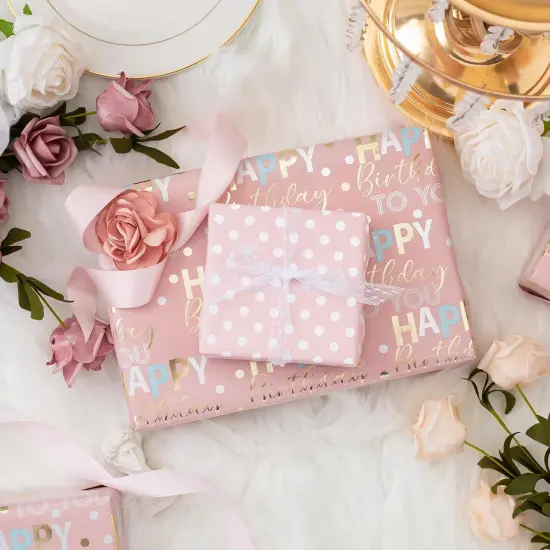 Reversible Pink Birthday Wrapping Paper Roll - 17 Inch X 33 Feet {4}