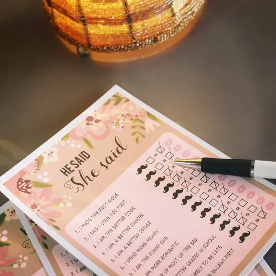 Floral Bridal Shower Games, He Said She Said Guessing Game for Wedding (50 Pack) Pink {2}