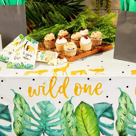 3 Pack Wild One Jungle Safari Tablecloth Plastic Table Cloth Cover Rectangular for 1st Birthday Party Supplies Decor Decorations, 54 x 108 in. White {4}