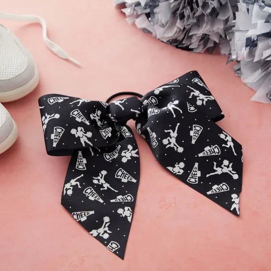 20 Pack 8 Inch Cheer Bows for Cheerleaders, Elastic Ponytail Holders for Women and Girls, Large Bulk Polyester Hair Ribbons for Softball, Volleyball, Gymnastics (2 Designs, Black) {2}