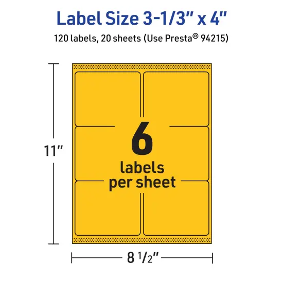 Avery Bright Yellow Paper Labels, 3-1/3" x 4" Rectangle {5}
