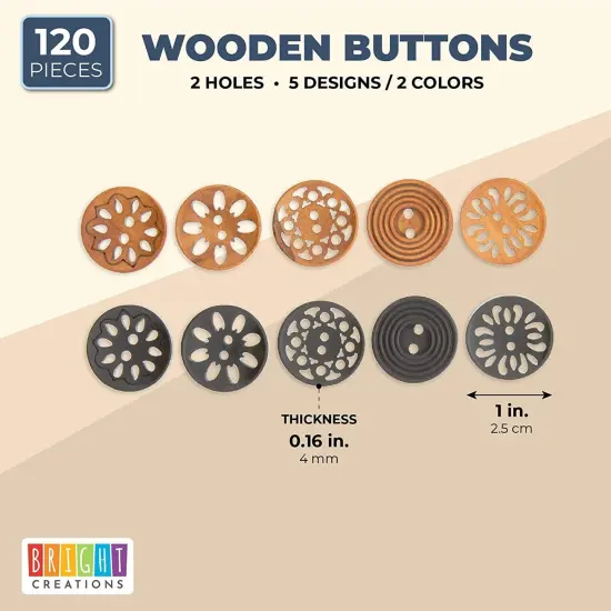 Wooden Buttons for Crafts and Sewing, 5 Designs (0.98 in, 120 Pieces) Brown {2}