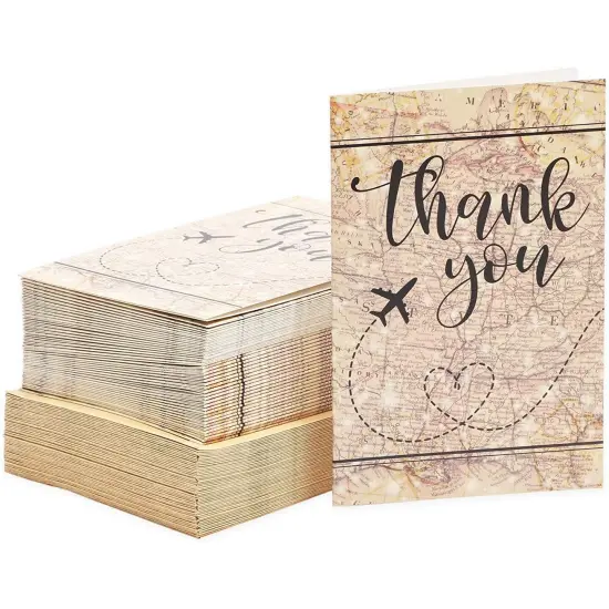 48 Pack Travel Thank You Cards with Envelopes, 4x6 Notecards with Airplane, Map, and Adventure Design (Brown) {1}