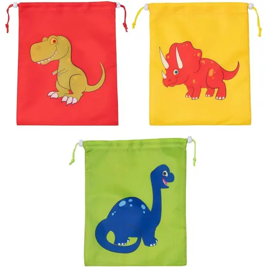 Drawstring Bags - 12-Pack Party Favor Bags for Kids Dinosaur Birthday, 3 Assorted Designs, Goodie Treat Bags, Dino Themed Party Supplies, For Giveaways and Gifts, Green, Red, Yellow, 9.7 x 12 Inches {7}