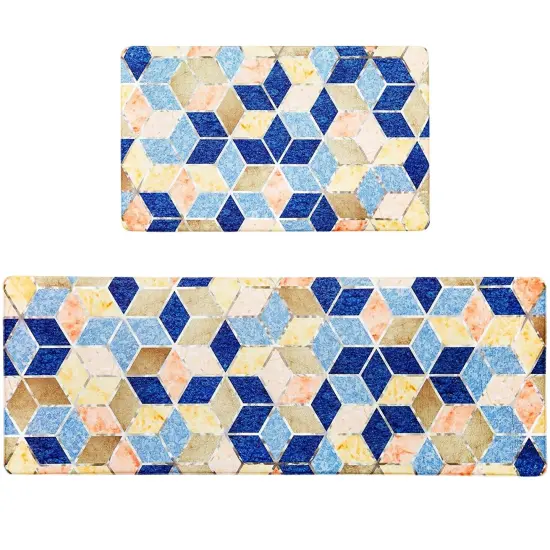 Set of 2 Anti Fatigue Kitchen Floor Mats, Non Slip Cushioned Rug and Runner (Diamond Print) Blue {1}