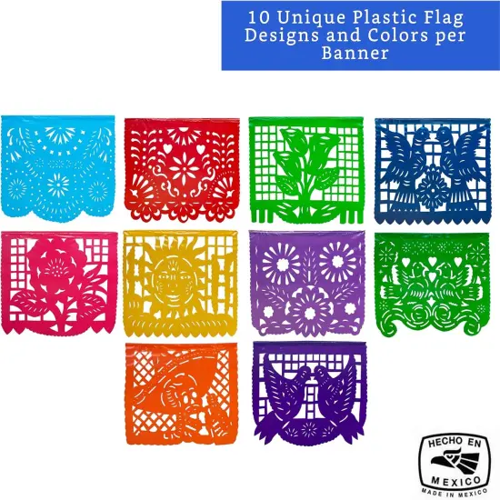 Mexican Party Banners (5 Pack with 10 Plastic Flags per Banner) - Papel Picado Mexicano Para Fiesta - Plastic Papel Picado - Fiesta Themed Party Decorations - Mexican Decor {2}